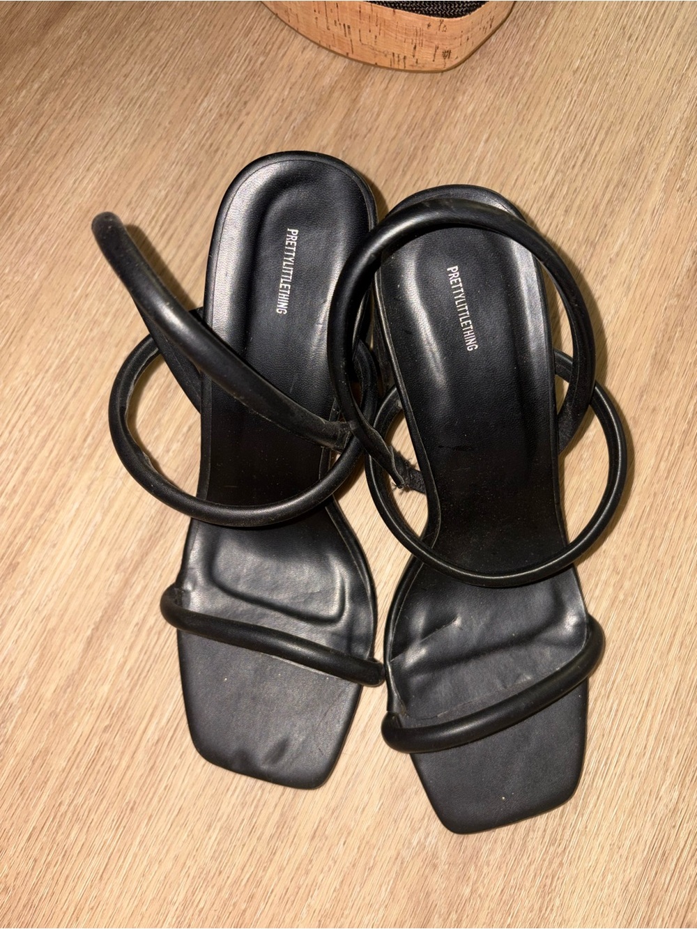 PrettyLittleThing Black Minimal Strappy Square-Toe Heels
